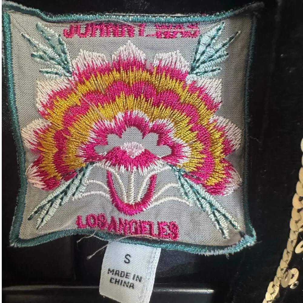 Johnny Was Ally Velvet Embroidered Sequins Kimono Black Gold Size Small